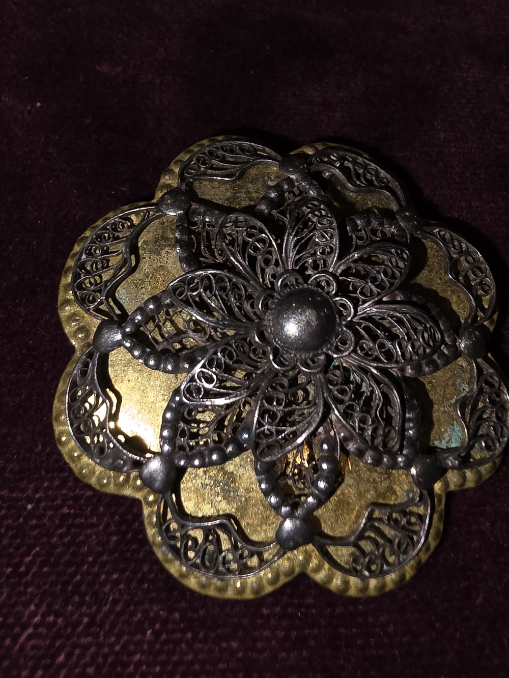 Decorative Filigree Floral Brass Accent - Antique Brass and Dark Silver Brooch